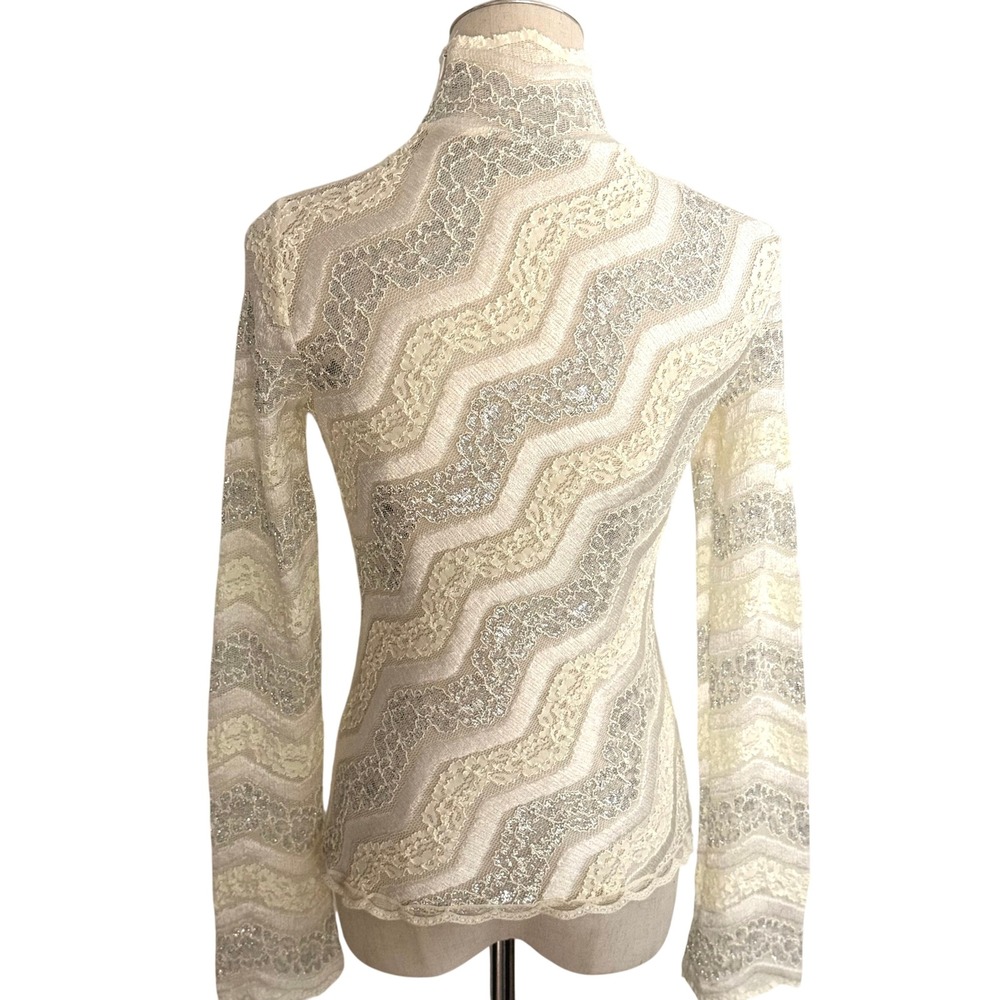 VTG Y2K Cache Cream Lace Top Metallic Silver Thread Lace Mock Neck Size Small - Picture 3 of 7